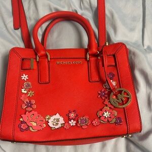 Michael Kors Red Floral Appliqué Saffiano Satchel